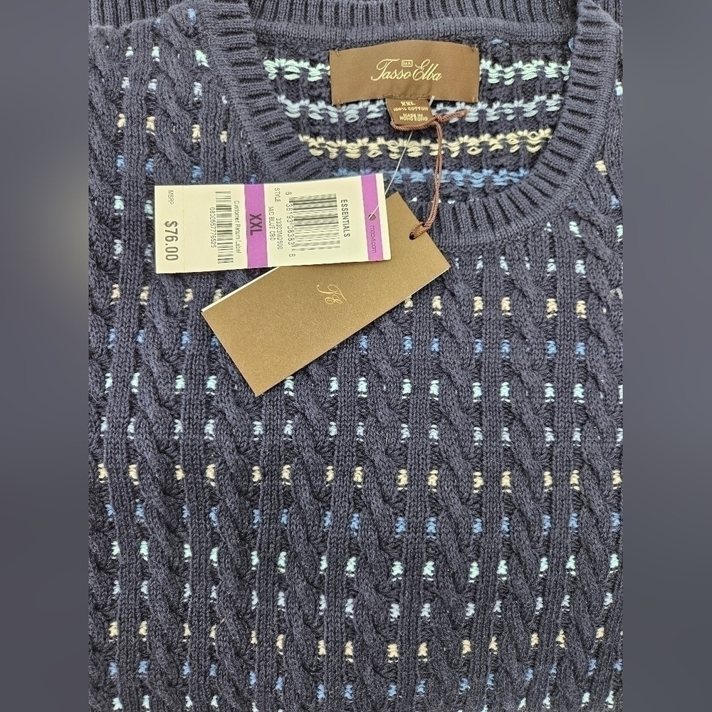NWT Tasso Elba NAVY Multicolored 100% Luxury Cotton Knit Pull Over Sweater XXL